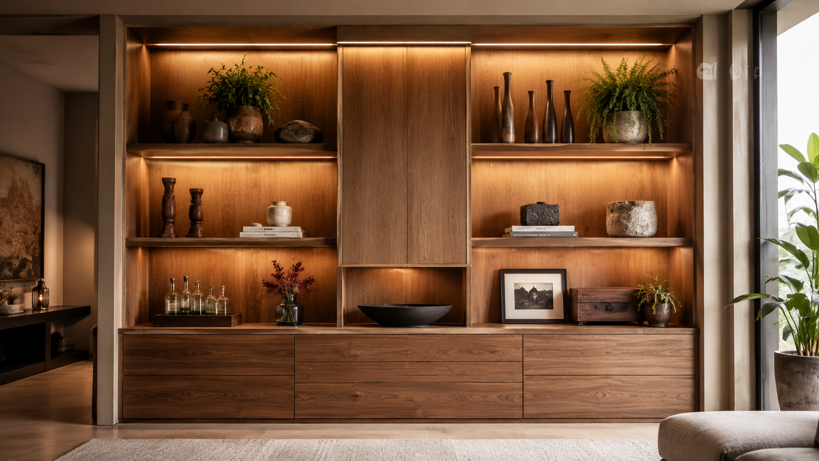Estante planejada em madeira com iluminação – Daisy Decorações